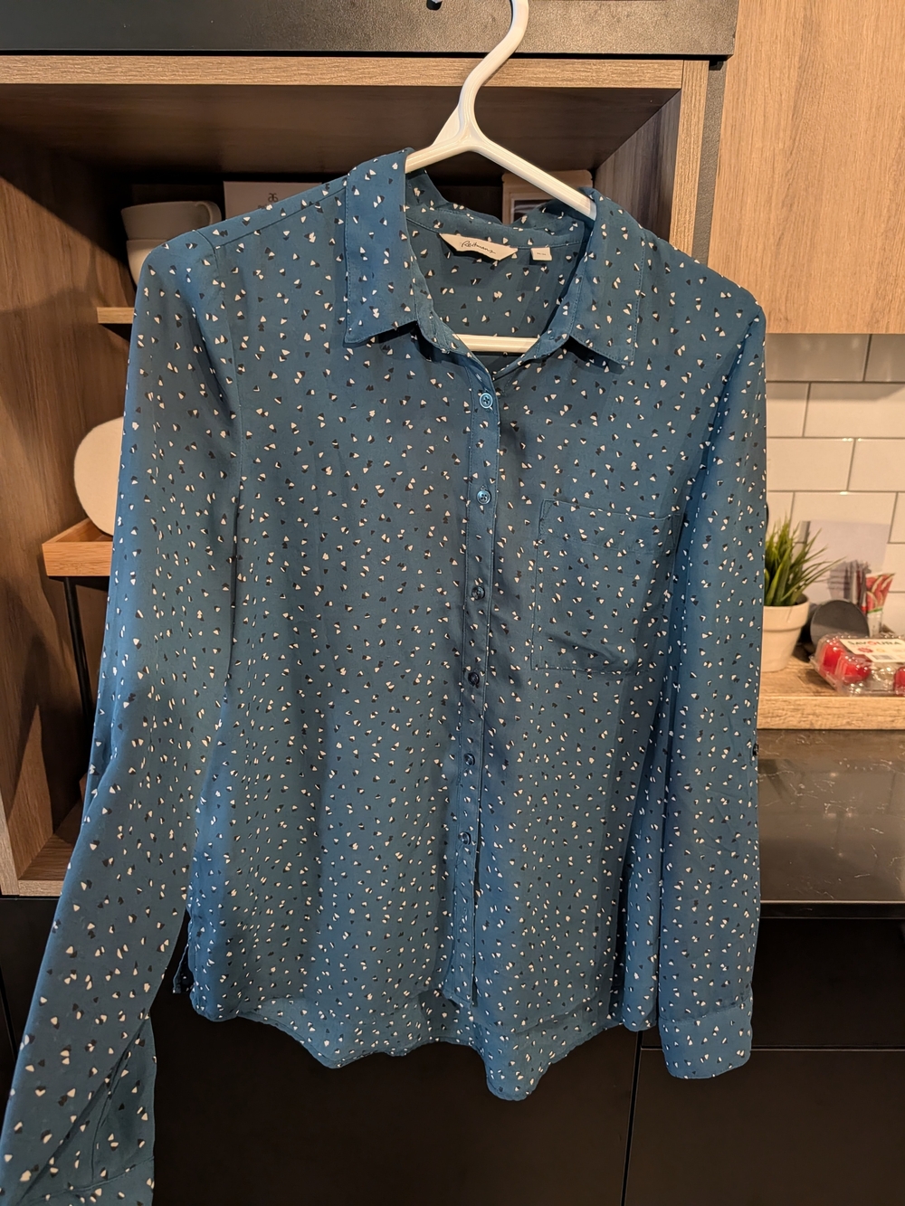 Reitmans Teal Blue Printed Long-Sleeve Button-Down Shirt